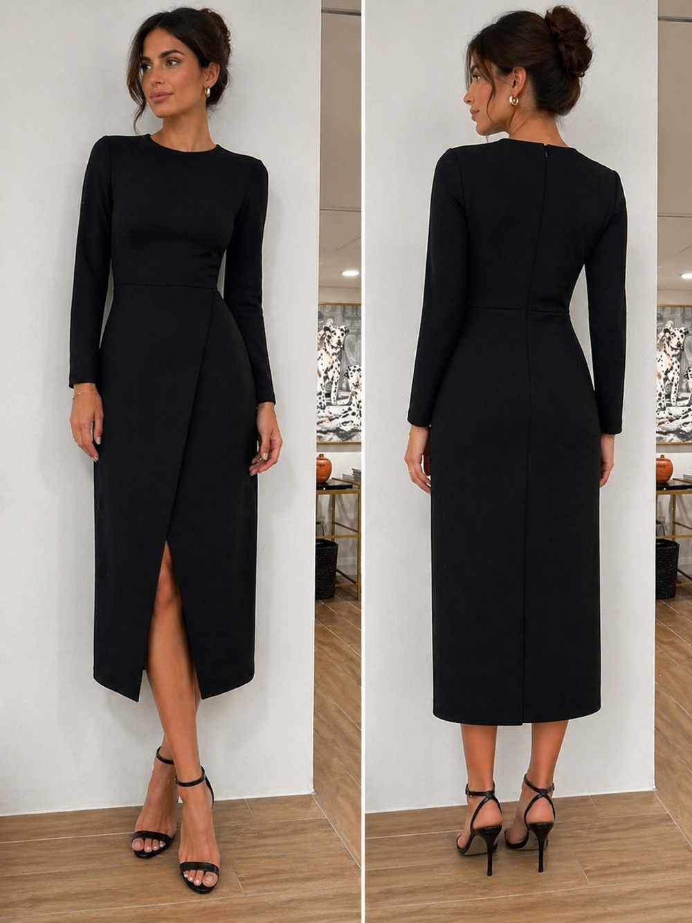 Zara Trafaluc Black Long-Sleeve Wrap-Front Midi Dress